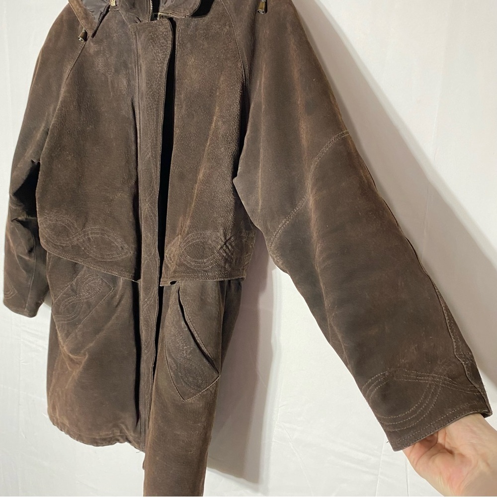 Vintage 90s Outlook Brown Suede Leather Coat With Drawstring Waist M - Picture 11 of 16